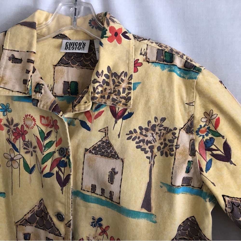 Chico's Design Denim Jacket Whimsical Floral House Print Size M/L - Picture 5 of 13